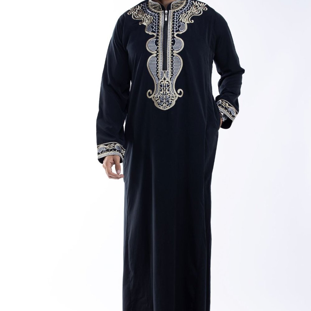 Embroidered Men Arab thoub Dishdash Long Sleeve Thobe Islamic Robe Kaftan Abaya